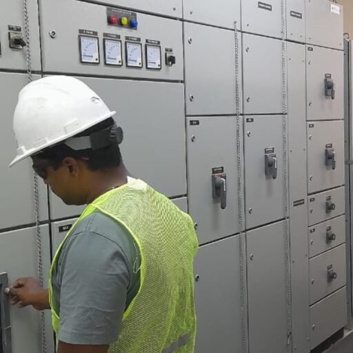 24/7 electrician inspecting electrical control panel for emergency electrical services in UAE